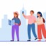 Group of tourists travelling with guide holding flag. Flat vector illustration. Happy men and women characters sightseeing, visiting museums. Tourism, excursion, adventure, city trip concept