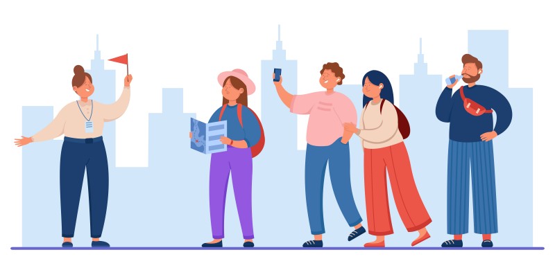 Group of tourists travelling with guide holding flag. Flat vector illustration. Happy men and women characters sightseeing, visiting museums. Tourism, excursion, adventure, city trip concept